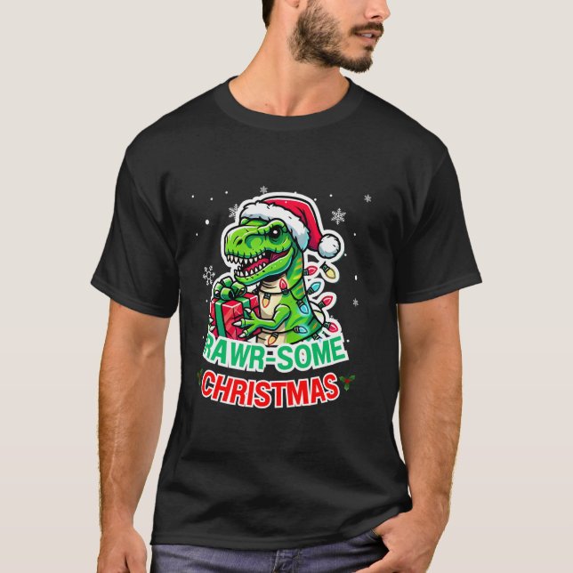 Camiseta Rawy um pouco de T rex Dinossaur Santa Hat Natal E (Frente)