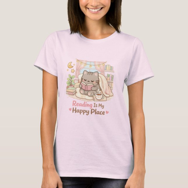 Camiseta Reading is My Happy Place Cute Kitty Cat Pink (Frente)
