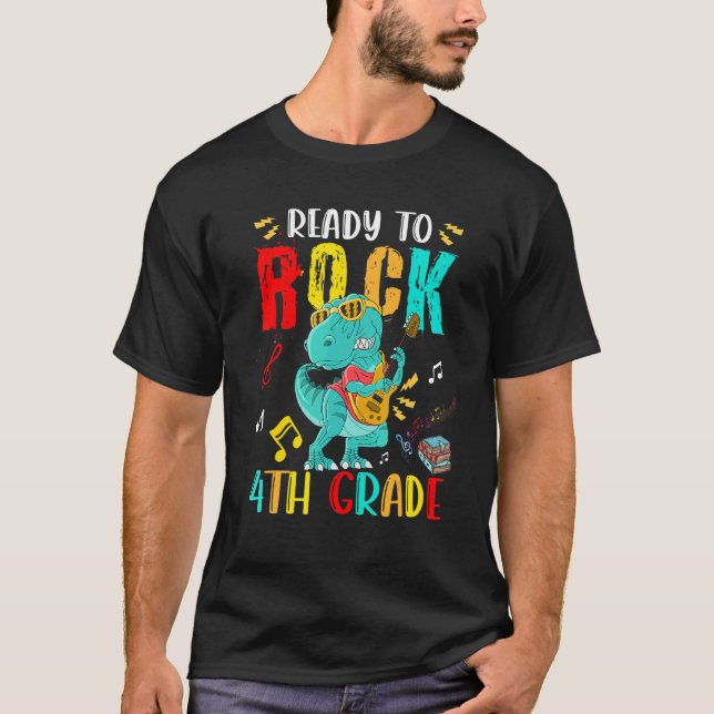 Camiseta Ready To Rock 4th Grade rex Playing Guitar (Frente)