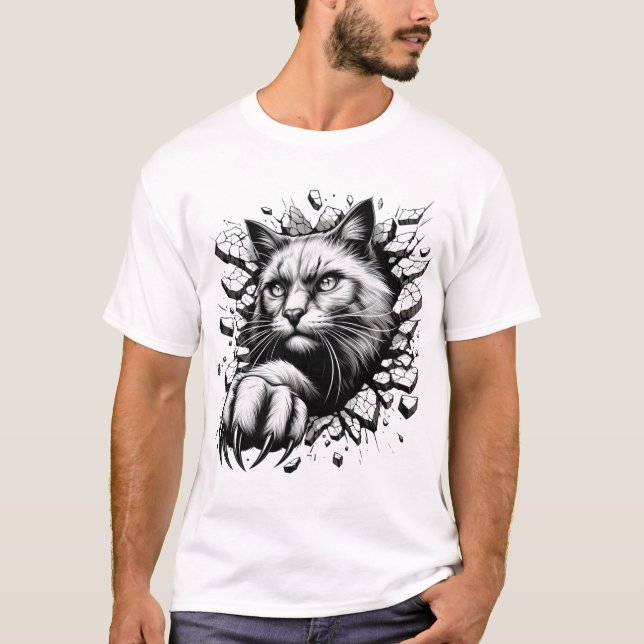 Camiseta Real Real 3D de Gato Branco Preto Único (Frente)