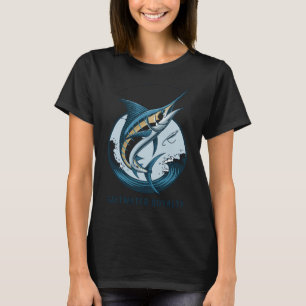 Camiseta Realeza de Água Salgada: Majestade Azul e Dourada