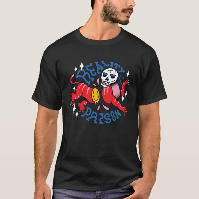 Camiseta Reality is a prison scary creepy skeleton skull (Frente)