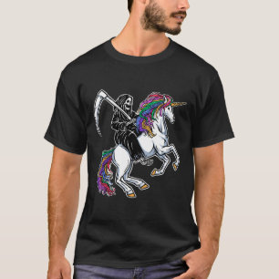 Camiseta Reaper Riding Unicorn Rainbow Skeleton Halloween