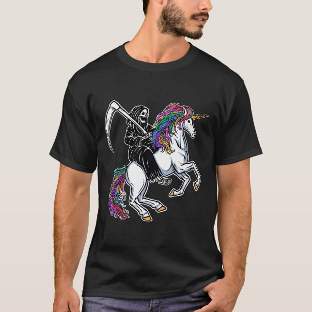 Camiseta Reaper Riding Unicorn Rainbow Skeleton Halloween (Frente)