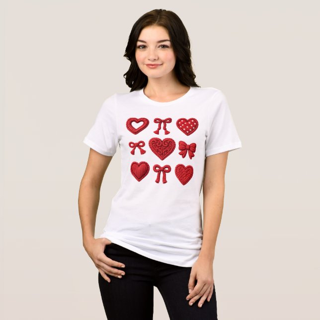 Camiseta Red 3D Texture Hearts and Bows Coquette Aesthetic  (Frente Completa)