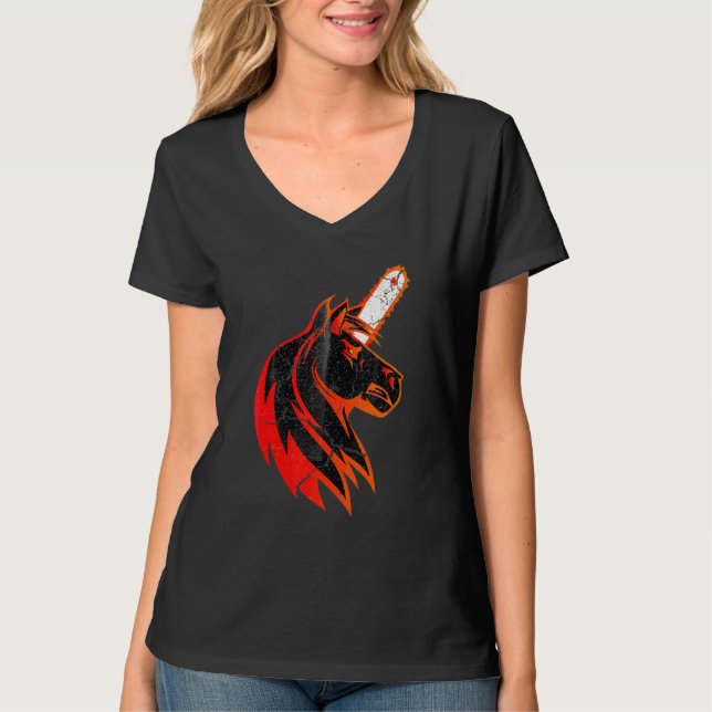 Camiseta Red Angry Fire Bad Horn Unicorn com Chainsaw coo (Frente)