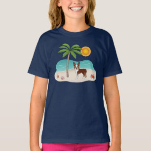 Camiseta Red Boston Terrier Em Uma Praia Tropical De Verão