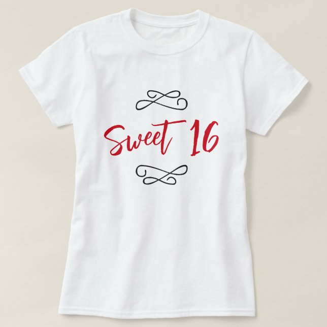 Camiseta Red Chic Doodle Modern Script Sweet 16 (Frente do Design)