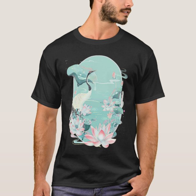 Camiseta Red Crowned Crane Bird Water Lily Lotus Flower Chi (Frente)