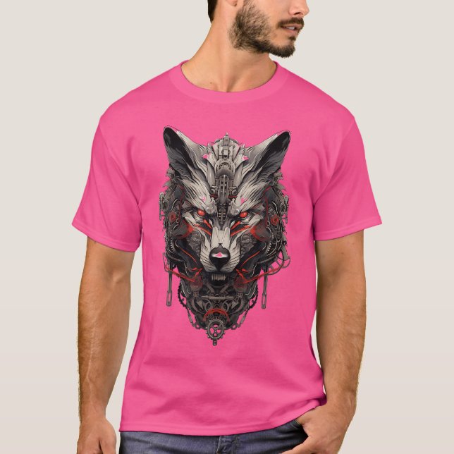 Camiseta Red Cyborg Wolf Mecha Cyberpunk (Frente)