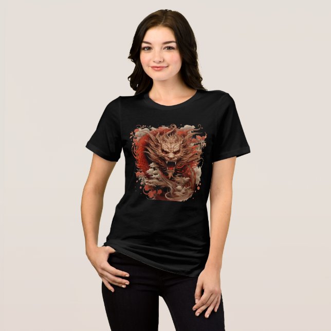 Camiseta Red Dragon in Storm with Chrysanthemums (Frente Completa)