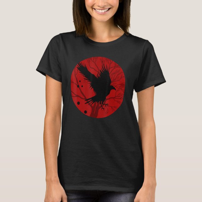 Camiseta Red Moon Creepy Crow Bird Gótica Forest Rav (Frente)