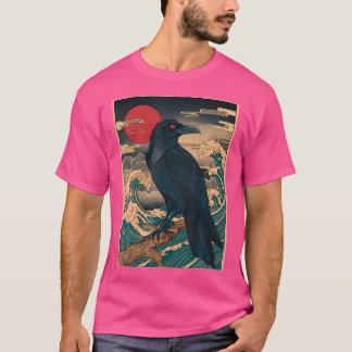 Camiseta Red Moon Raven - Estilo Japonês Vintage Black Crow