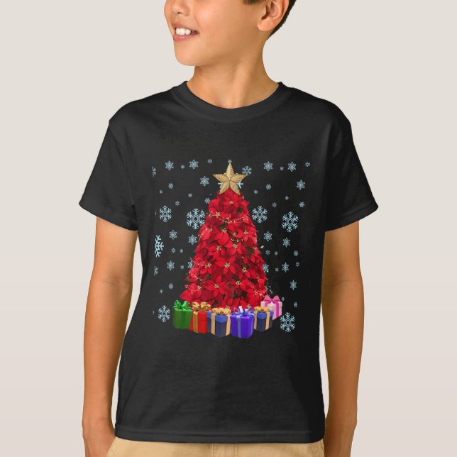 Camiseta Red Poinsettia Árvore de Natal Engraçado Combinaçã (Frente)