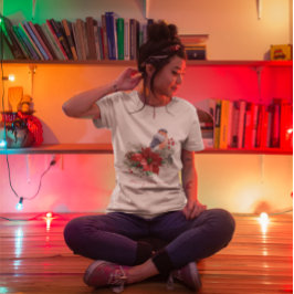 Camiseta Red Poinsettia Pine Cone Bird Feliz Natal