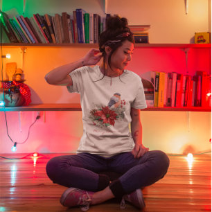 Camiseta Red Poinsettia Pine Cone Bird Feliz Natal