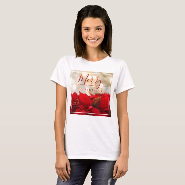 Camiseta Red Poinsettias com Ouro Bokeh Natal (Frente Completa)