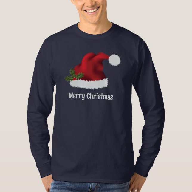Camiseta Red Santa Hat Com Holly De Natal E Texto Personali (Frente)
