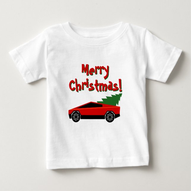 Camiseta Red Tesla truck hauling a Christmas tree cute (Frente)