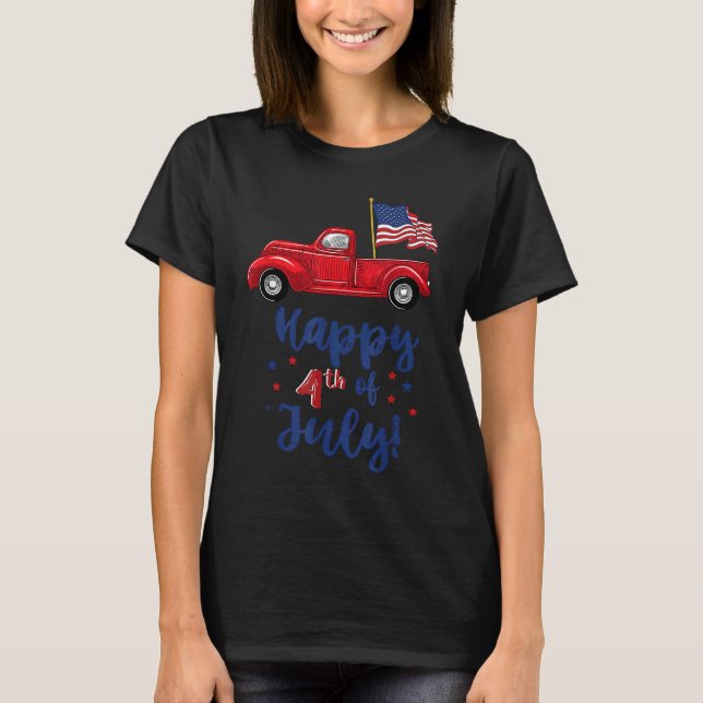 Camiseta Red Truck Com Bandeira Americana Feliz 4 De Julho (Frente)