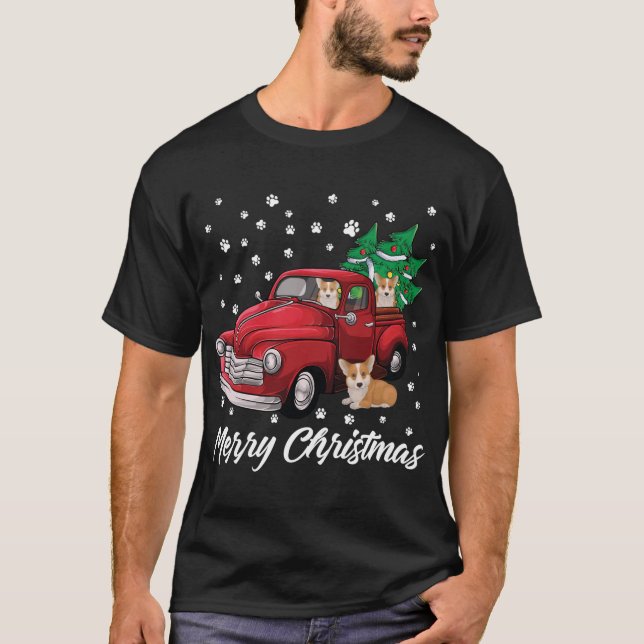 Camiseta Red Truck Feliz Árvore de Natal Corgi Natal (Frente)