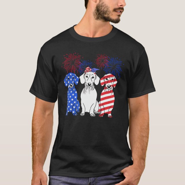 Camiseta Red White Blue Dachshund Dog Usa Flag Firework 4º (Frente)
