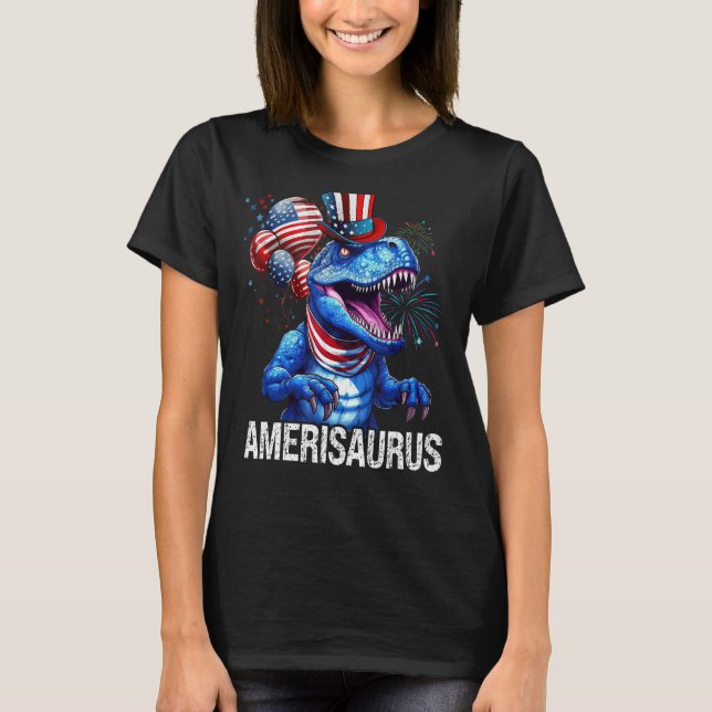 Camiseta Red White Blue Dinossaur Amerisaurus Firework 4th  (Frente)