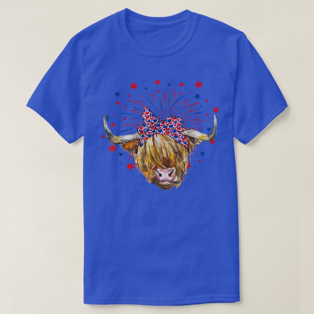 Camiseta Red White Blue Highland Cow Patriot farmer USA 4th (Frente do Design)
