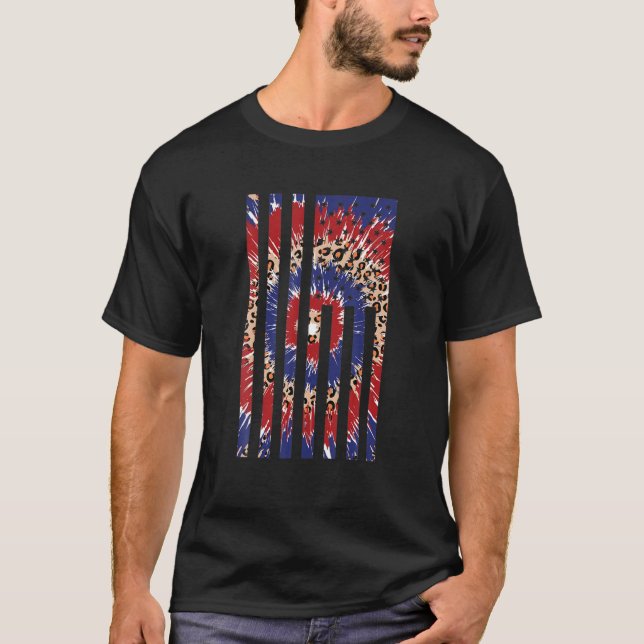 Camiseta Red White Blue Leopard Tie Dye Patriotic USA Ameri (Frente)