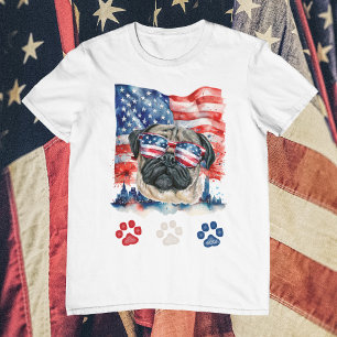 Camiseta Red White Blue Pug Dog American Pet 4 de julho