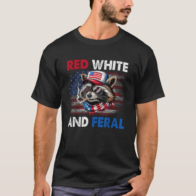 Camiseta Red White E Feral Patriotic Raccoon USA Flag (Frente)