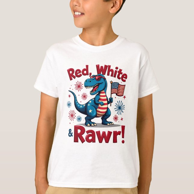 Camiseta Red White e Rawr Cute Dinossaur EUA Bandeira (Frente)