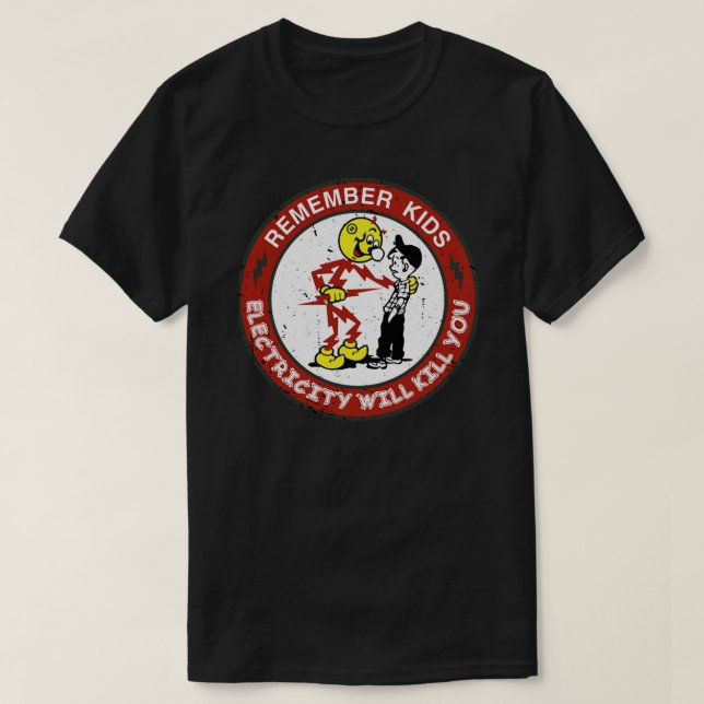 Camiseta Reddy Kilowatts Warning, Electricity Will Kill You (Frente do Design)