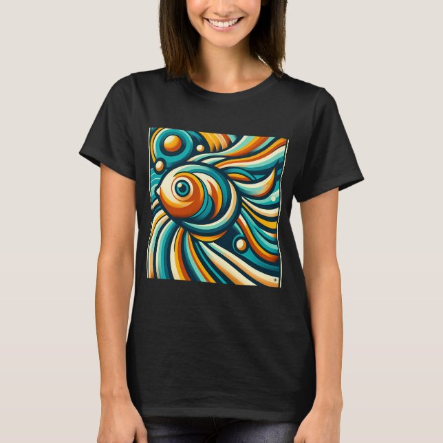 Camiseta Redemoinho de Peixe Abstrato Retro em Azul Turques (Frente)