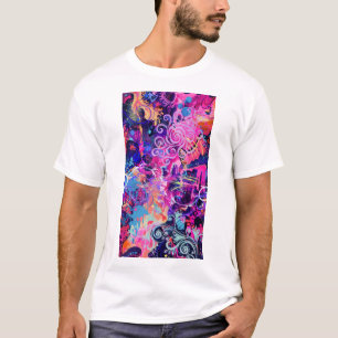 Camiseta Redemoinhos de Neon Arte Abstrato   Rosa e Psicotr