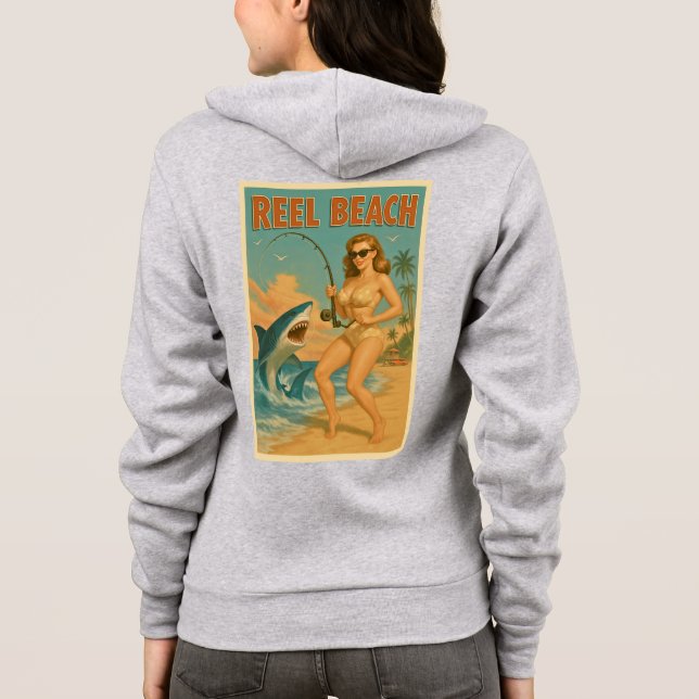 Camiseta Reel Beach Shark Fishing Pin-Up Retro Coastal Life (Verso)