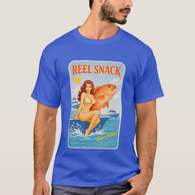 Camiseta Reel Snack Retro Pin-Up Red Snapper Fishing Boater (Frente)