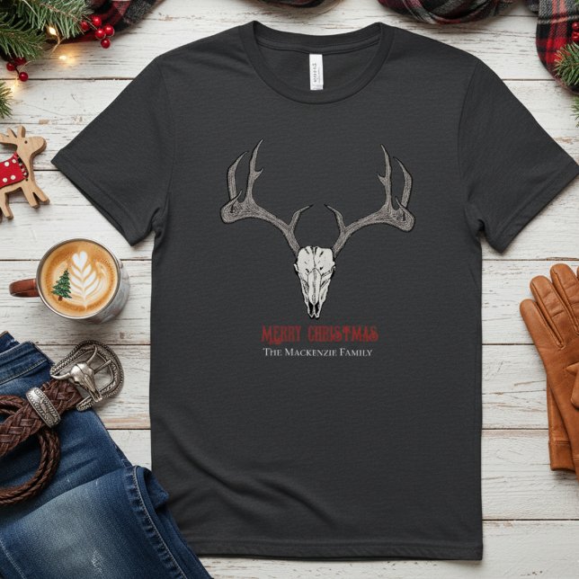 Camiseta Refeições de Carneiro Rústico de Carneiro (Festive Merry Christmas Reindeer Skull & Antlers Illustration Mens T-Shirt. Modern Country or Gothic)