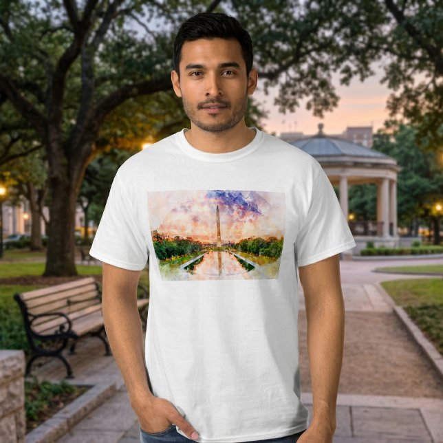 Camiseta Reflexo do pôr do sol em aquarela do Monumento a W (Washington Monument Watercolor Sunset Reflection. Men Basic White T-Shirt)