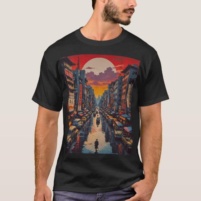 Camiseta Reflexões sobre o Crepúsculo em Neon City (Frente)