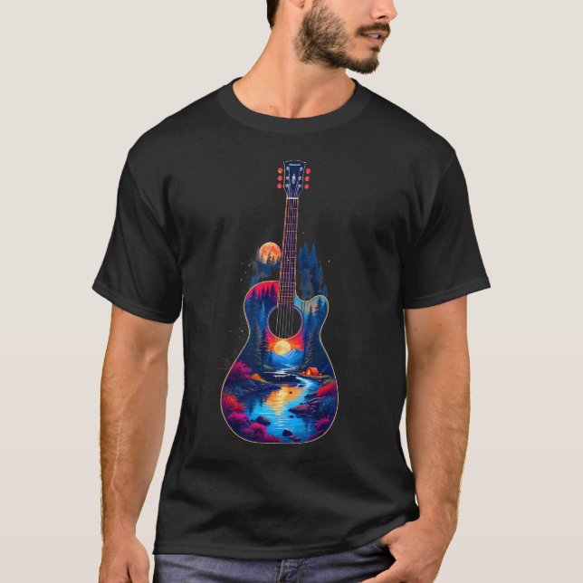 Camiseta Reflexos do Lago da Guitarra Floresta Pinheiro Lua (Frente)