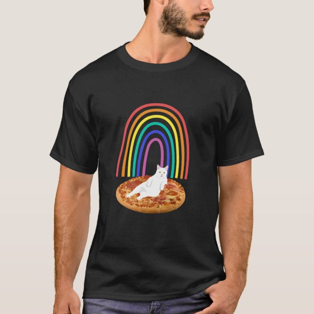 Camiseta Refrigeração de gato com arco-íris de pizza (Frente)