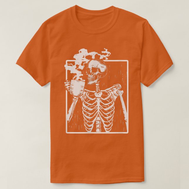 Camiseta Refrigerando esqueleto bebendo café Feliz Hallowee (Frente do Design)