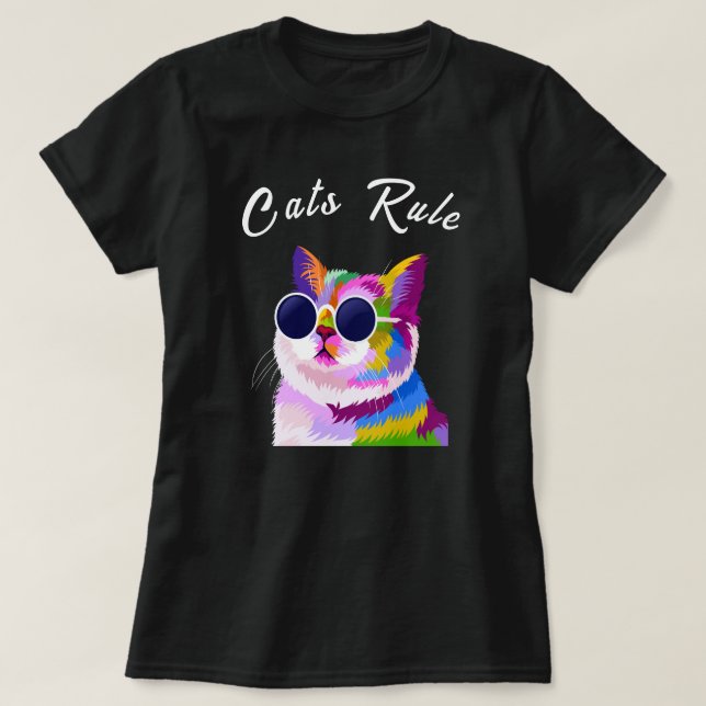 Camiseta Regra de Gatos Editáveis de Multicores Modernas co (Frente do Design)