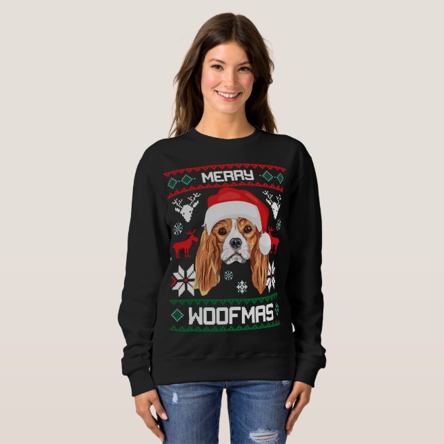 Camiseta Rei Cavalier Charles Spaniel Feliz Woofmas (Frente Completa)