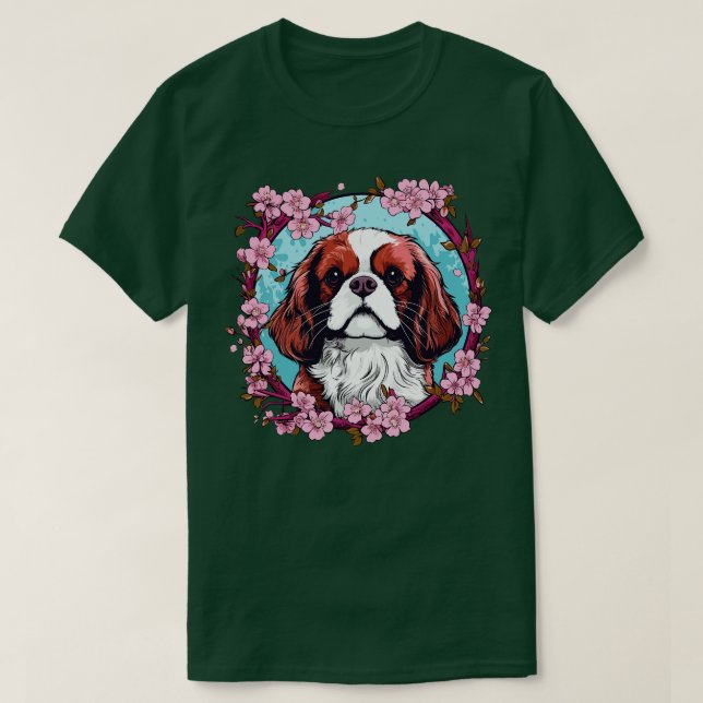 Camiseta Rei Charles Spaniel com flores de Cherry Blossom (Frente do Design)