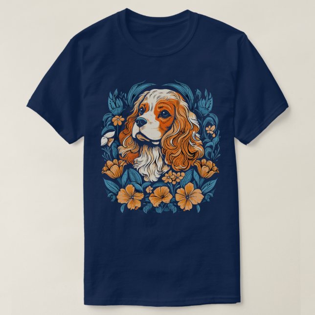 Camiseta Rei Charles Spaniel com ilustração de lírios (Frente do Design)