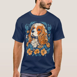 Camiseta Rei Charles Spaniel com ilustração de lírios