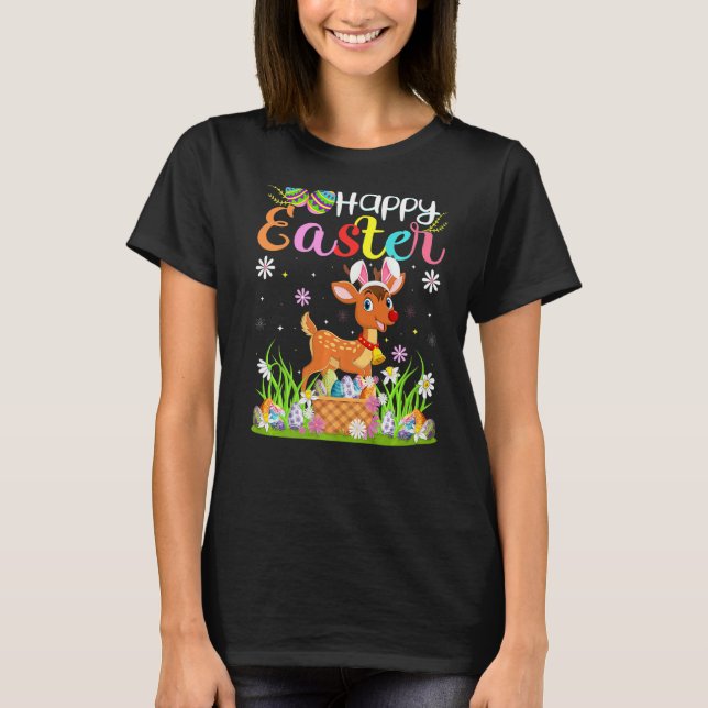 Camiseta Reindeer Bunny Egg Caçando Reindeer Engraçado Feli (Frente)