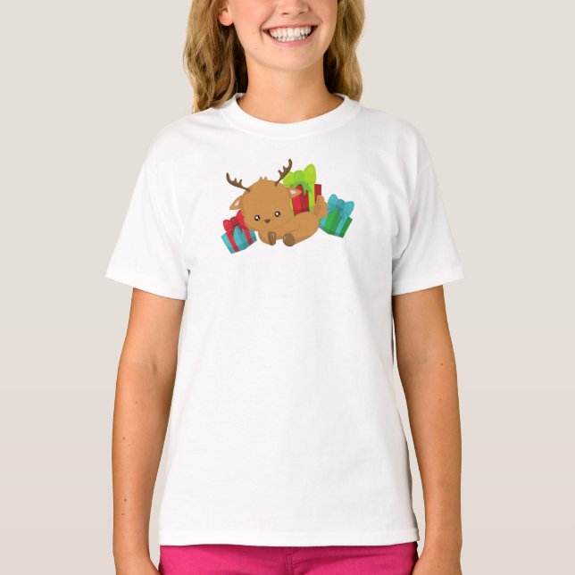 Camiseta Reindeer De Natal, Reindeer Bonita, Presentes, Pre (Frente)
